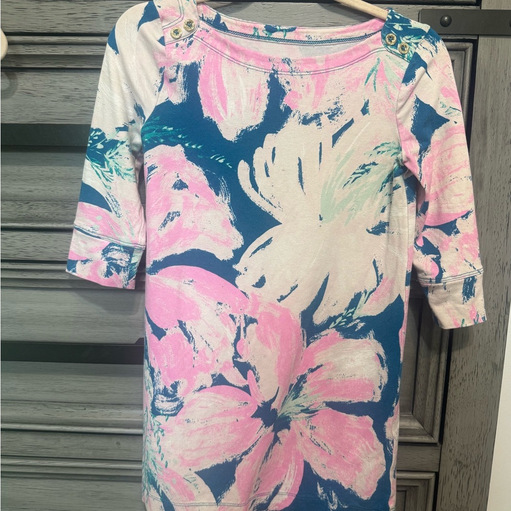 Lilly Pulitzer Pink and Blue Sheath Dress with 3/4 Raglan Sleeves